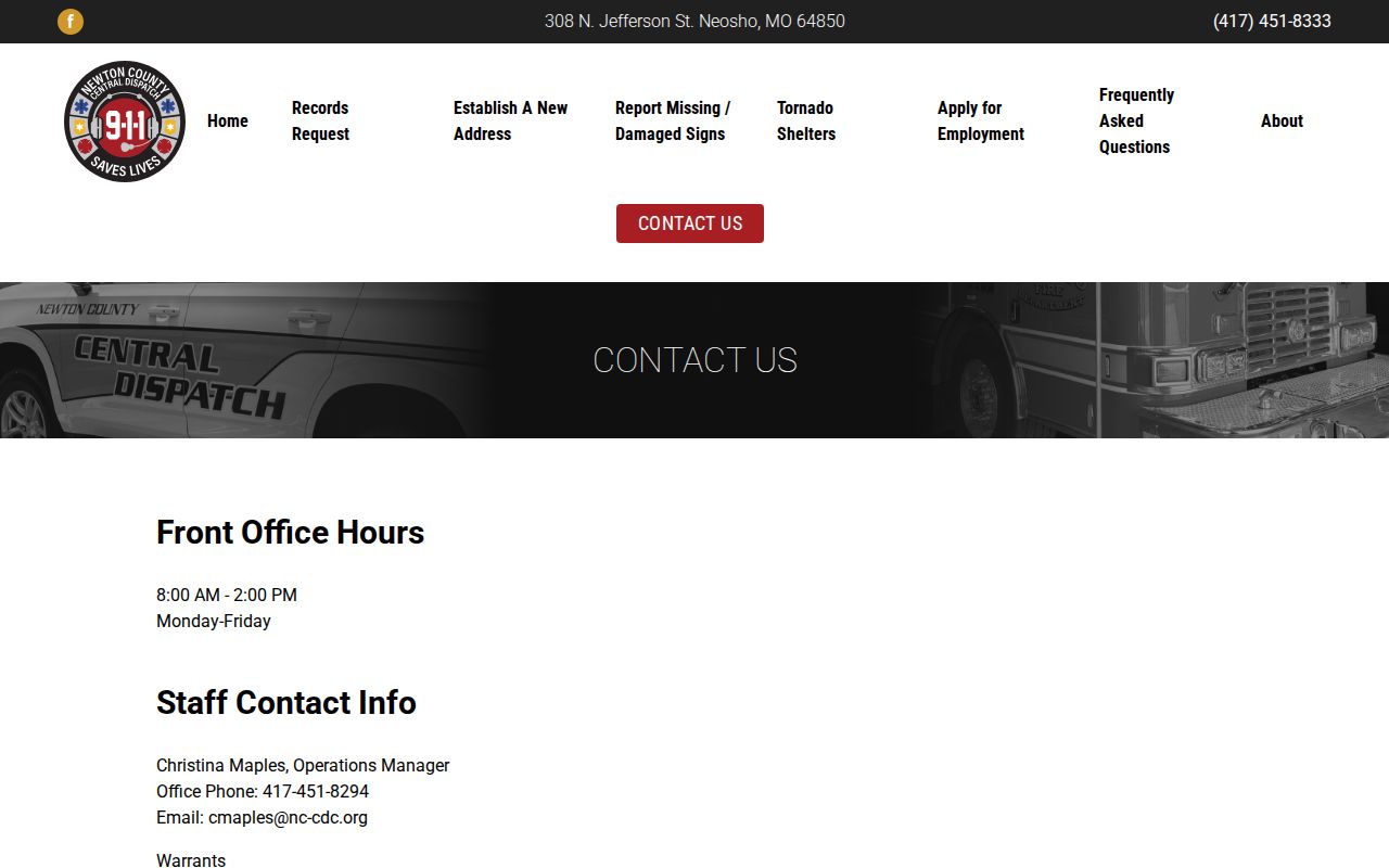 Newton County Central Dispatch Warrant Unit contact page