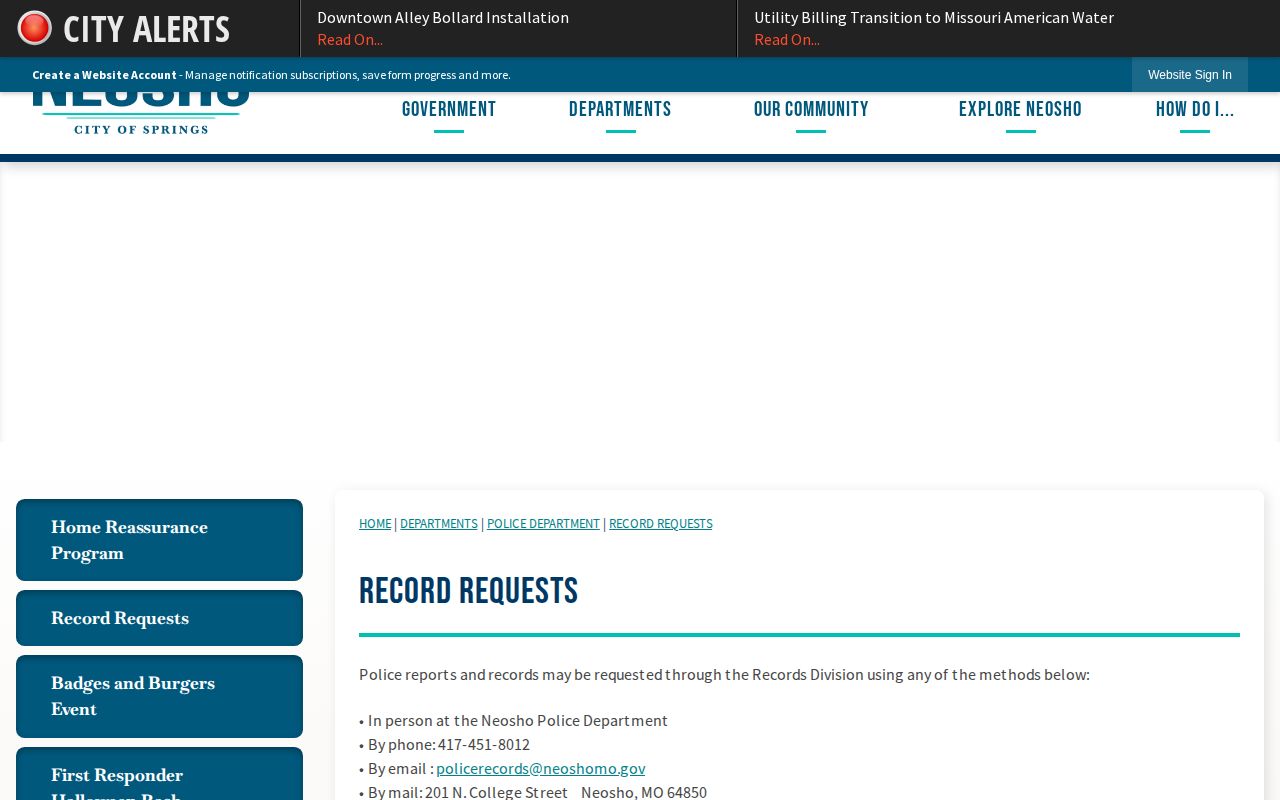Neosho Police records request page for Neosho arrest records